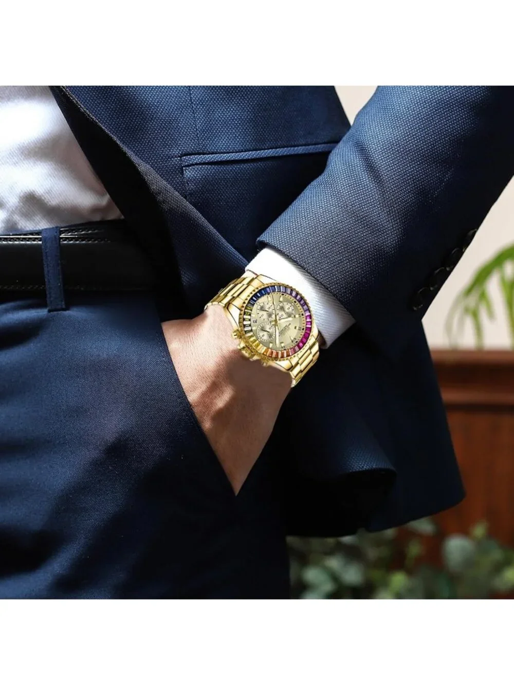 Men's Gold Luxury Stainless Steel Analog Chronograph Waterproof Classic Watch